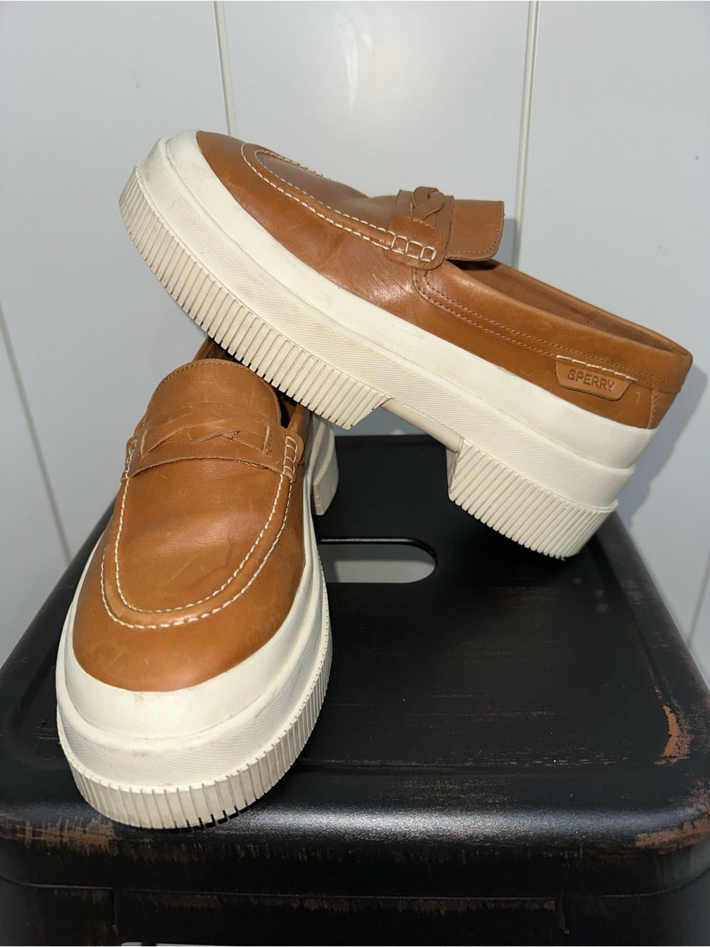 Sperry Tan Leather Platform Penny Loafers with White Sole